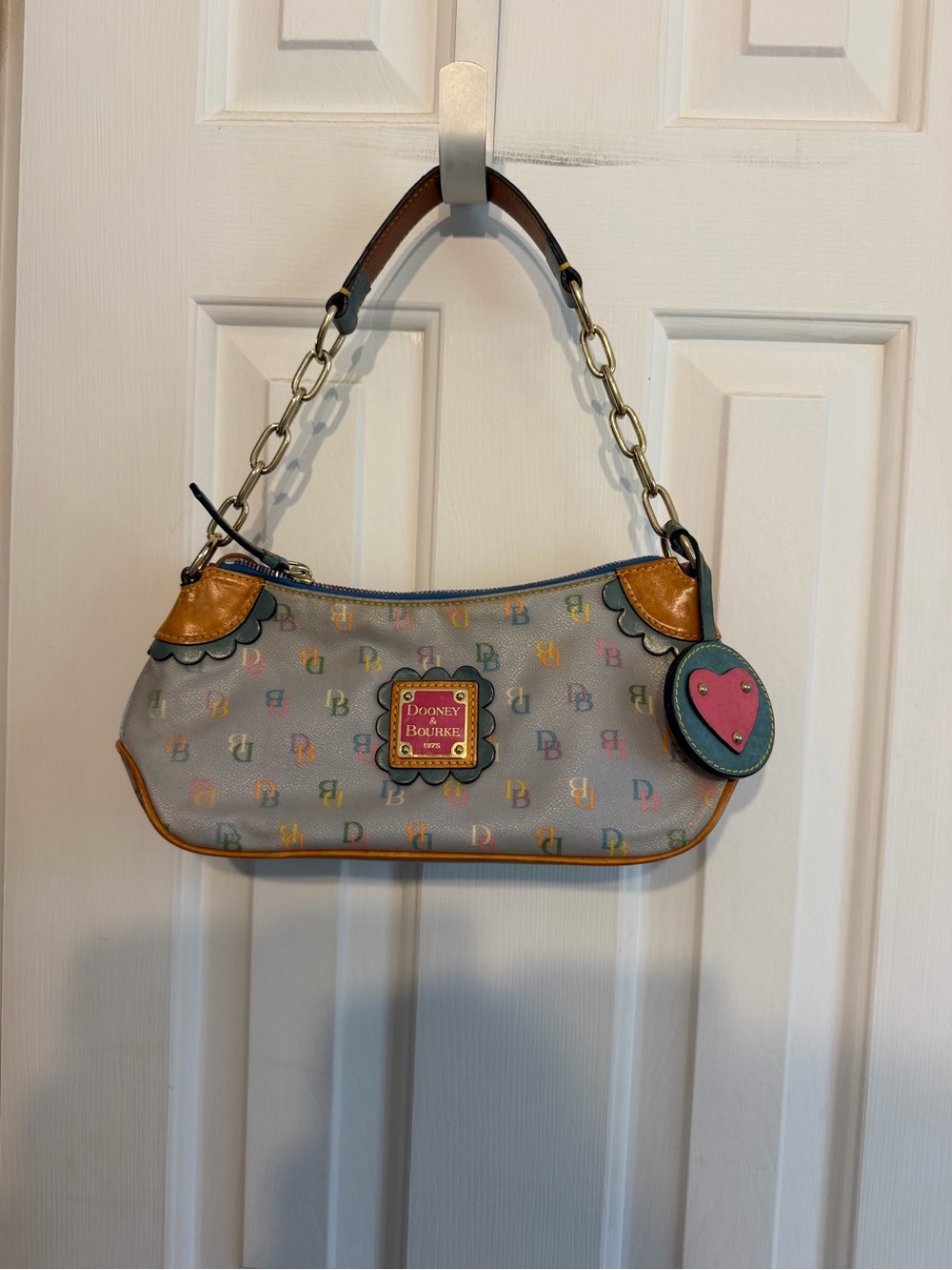 Vintage Dooney & Bourke Multicolor Logo Shoulder Bag with Pink Heart Charm